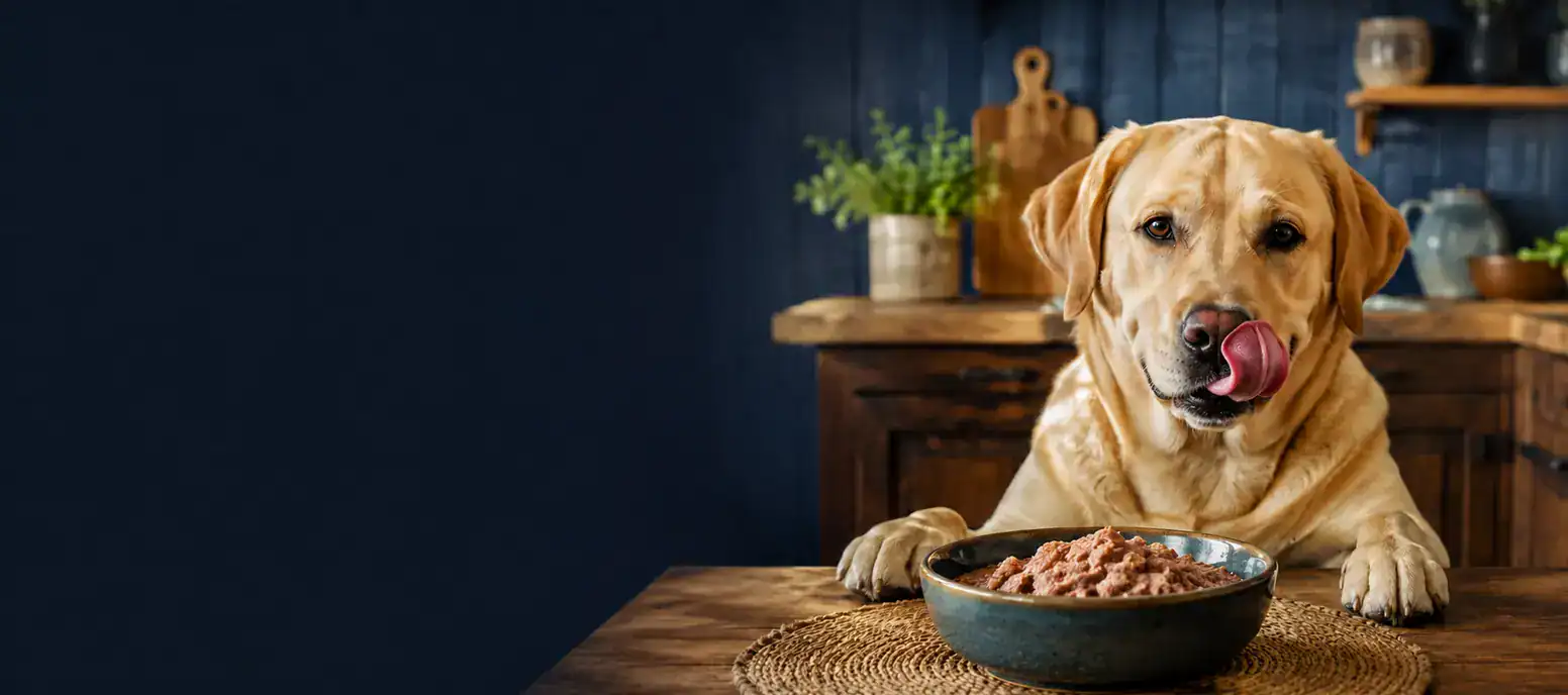Cane felice che si lecca il muso davanti a una ciotola di cibo umido naturale per cani