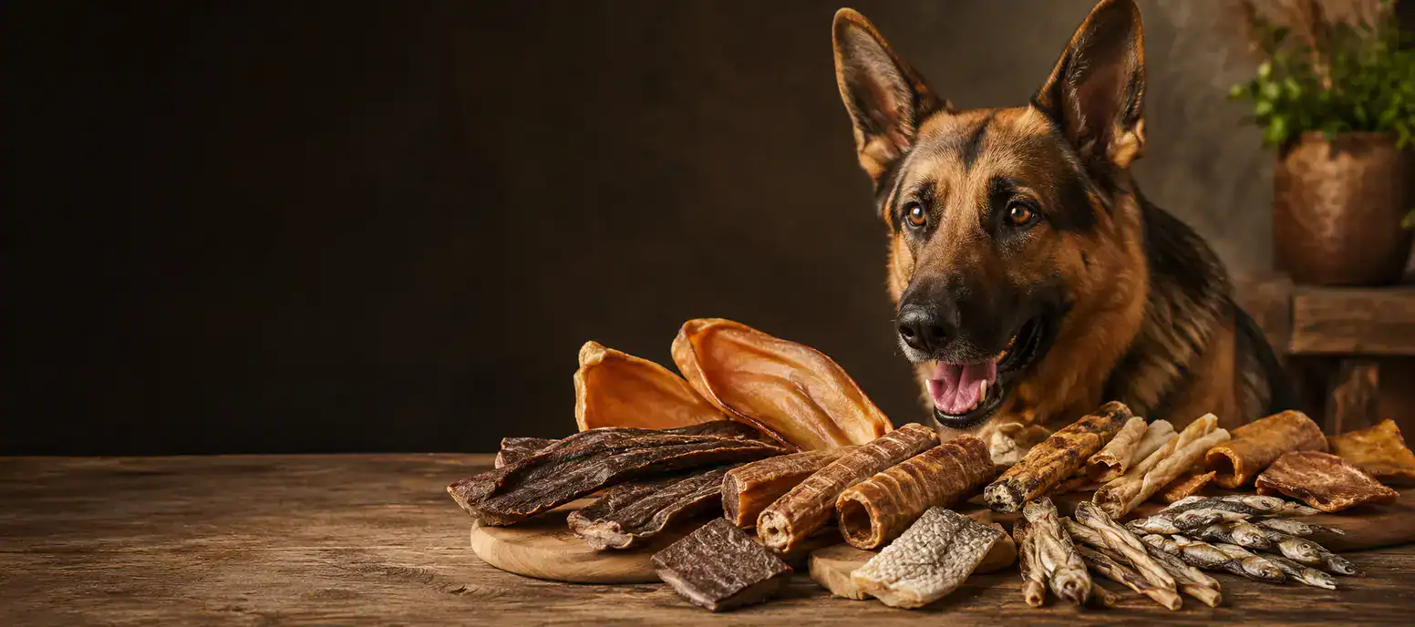 Pastore Tedesco davanti a una varietà di masticativi naturali di carne e pesce per cani